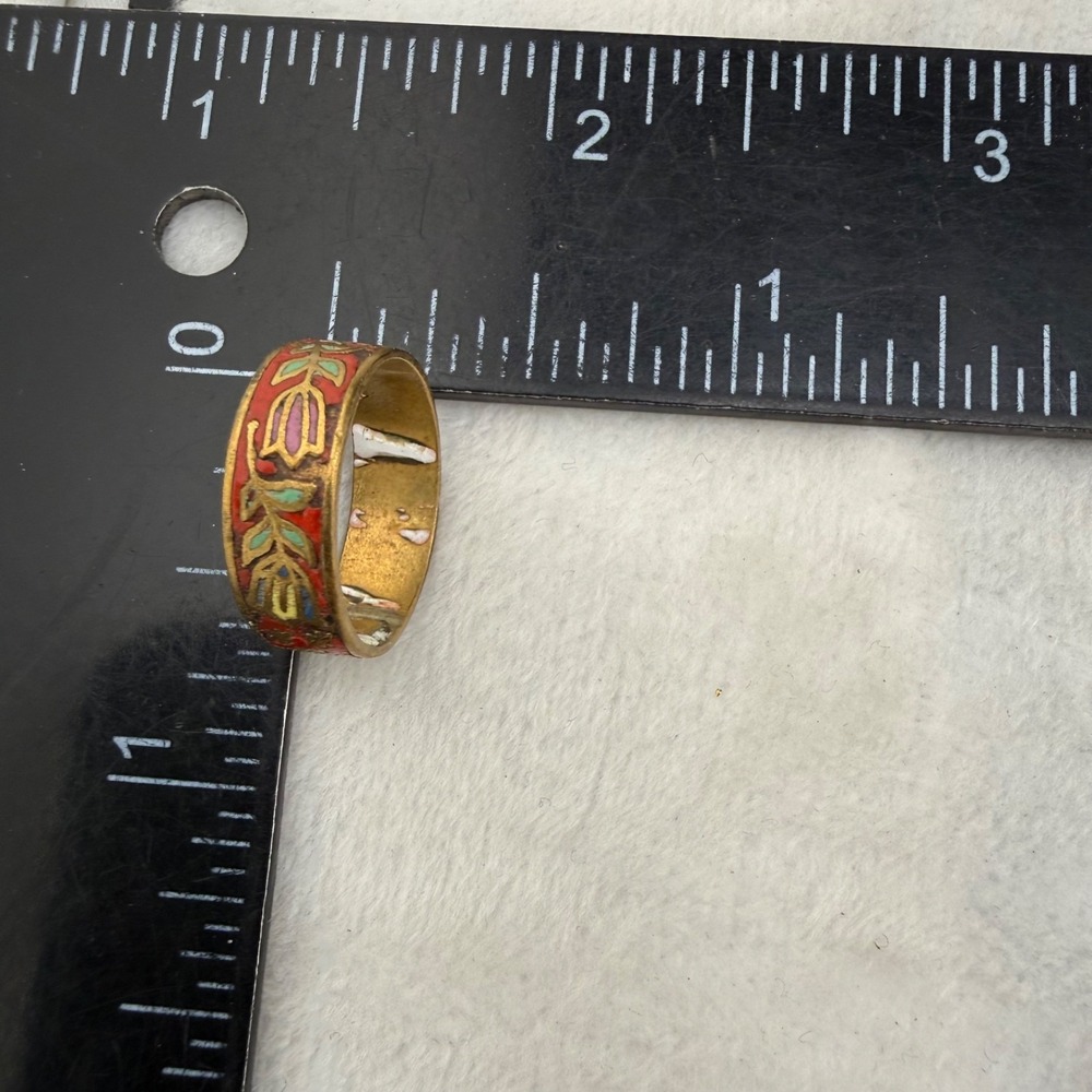 Vintage Cloisonne Enamel Flower Band Ring Red Gold Tone Size 4 - Picture 13 of 13